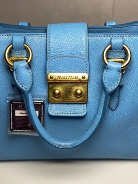 MIU MIU Madras 2-way Tote Bag Leather Light Baby Blue Gold Hardware with COA